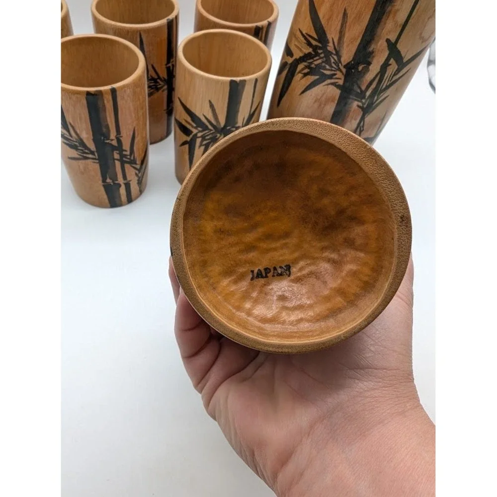 7 Set Vtg Natural Bamboo Cups Pitcher Hand Painted Made in Japan MCM Bar Tiki